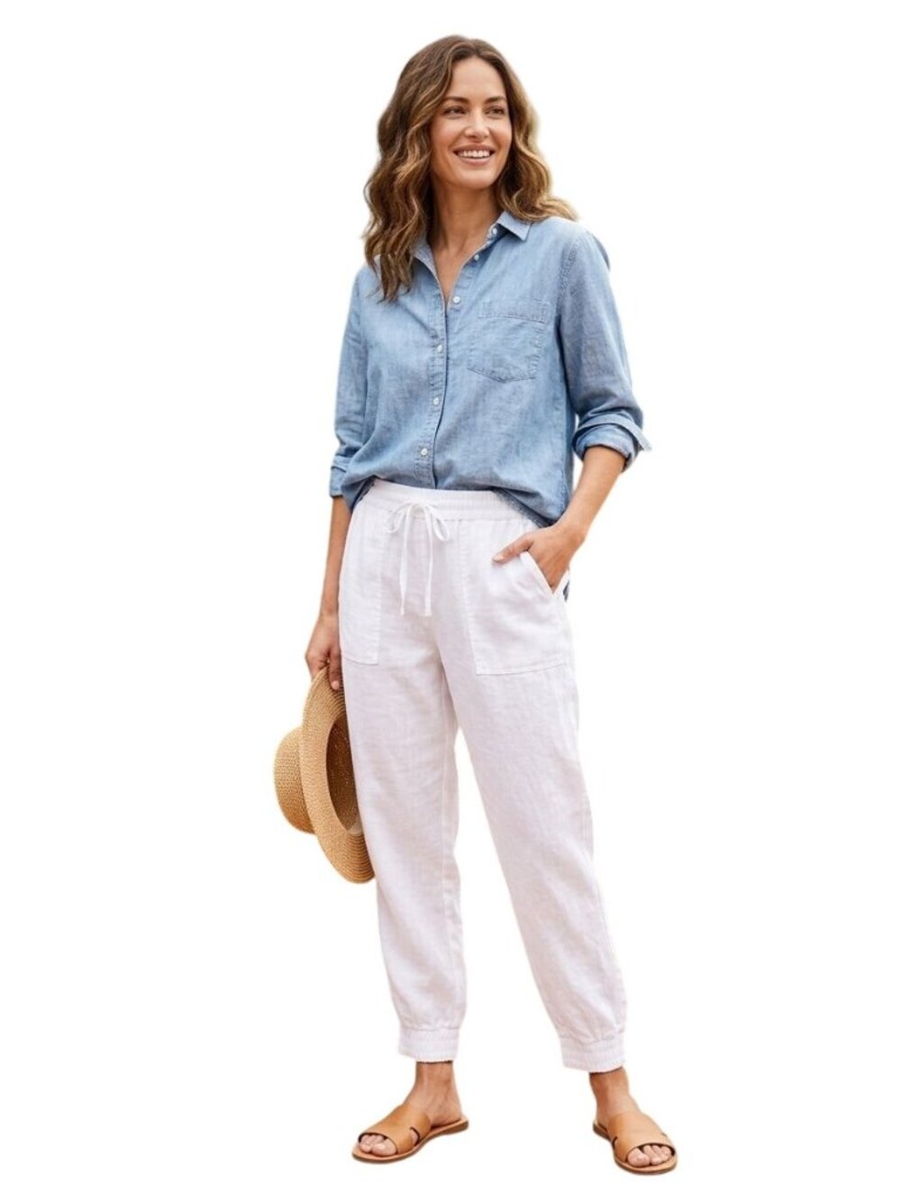 Anthropologie Cloth & Stone Linen White Drawstring Linen Jogger Pants Size L
